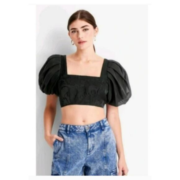277 Women’s Black Puff Sleeve Crop Top – Square Blouse, Dressy Night Out Top - Picture 5 of 5